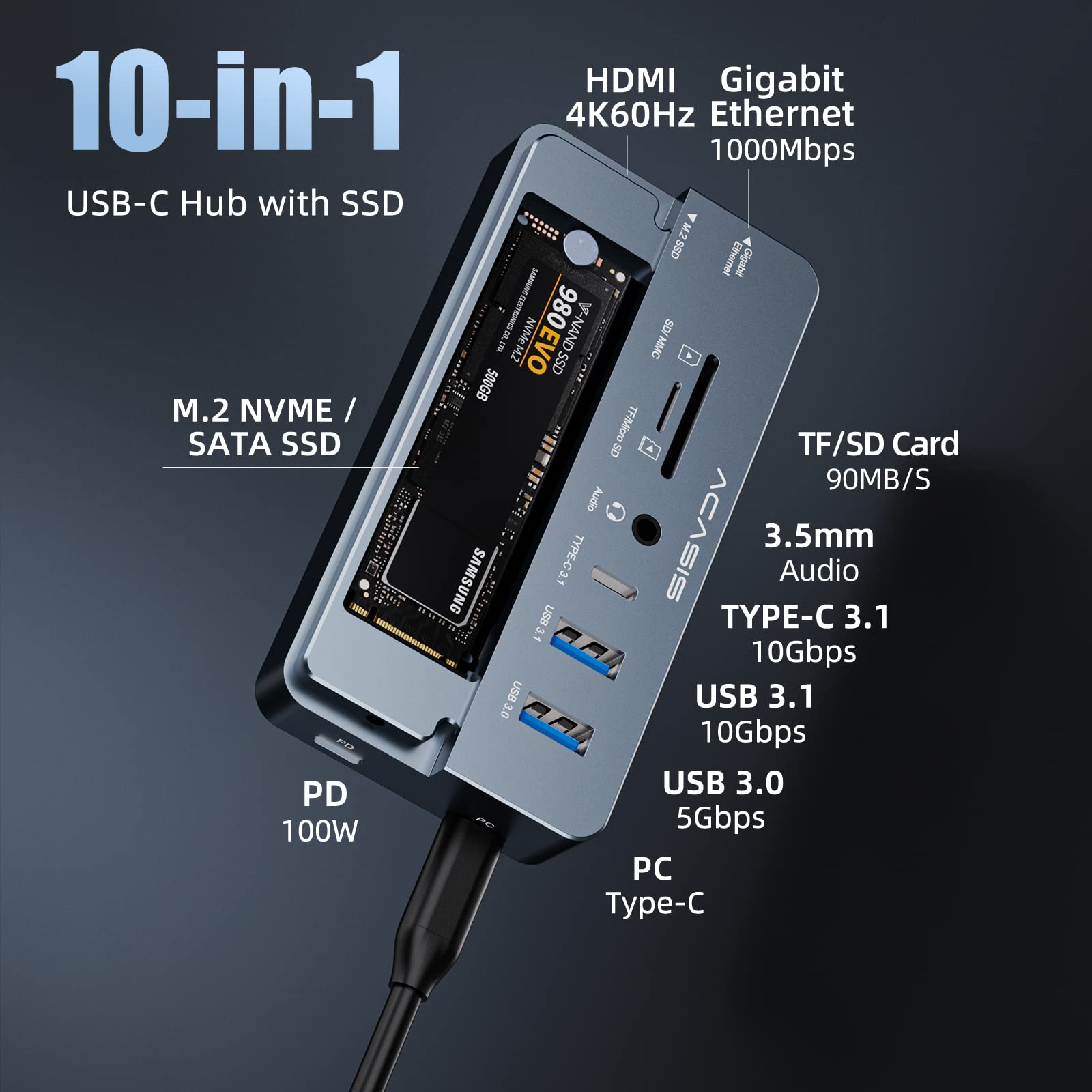 ACASIS 10-in-1 USB C Hub Multiport Adapter with 4K60Hz HDMI, 100W PD, Gigabit Ethernet, SD/TF Card Reader, 10Gbps USB C/A Ports - USB C Docking Station for MacBook Pro/Air, Dell XPS, HP Spectre, Surface Pro (Home Office & Gaming Setup)