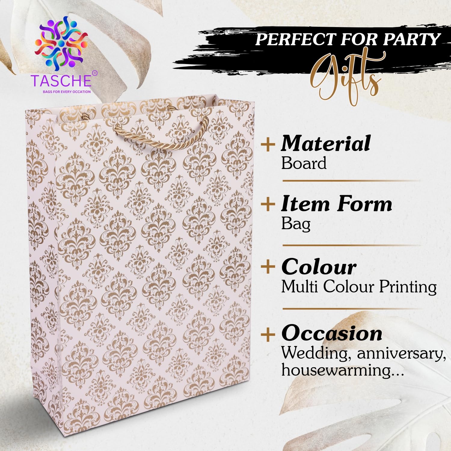 Gold Flower Design Gift Bags for Weddings & Birthdays - Pack of 10