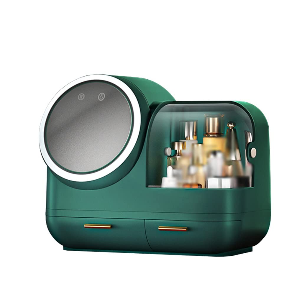 360° Rotating LED Mirror Makeup Organizer with Fan & Drawers - Cosmetic Storage Box for Vanity Table | Perfect for Bedroom, Bathroom & Dressing Room Organization
