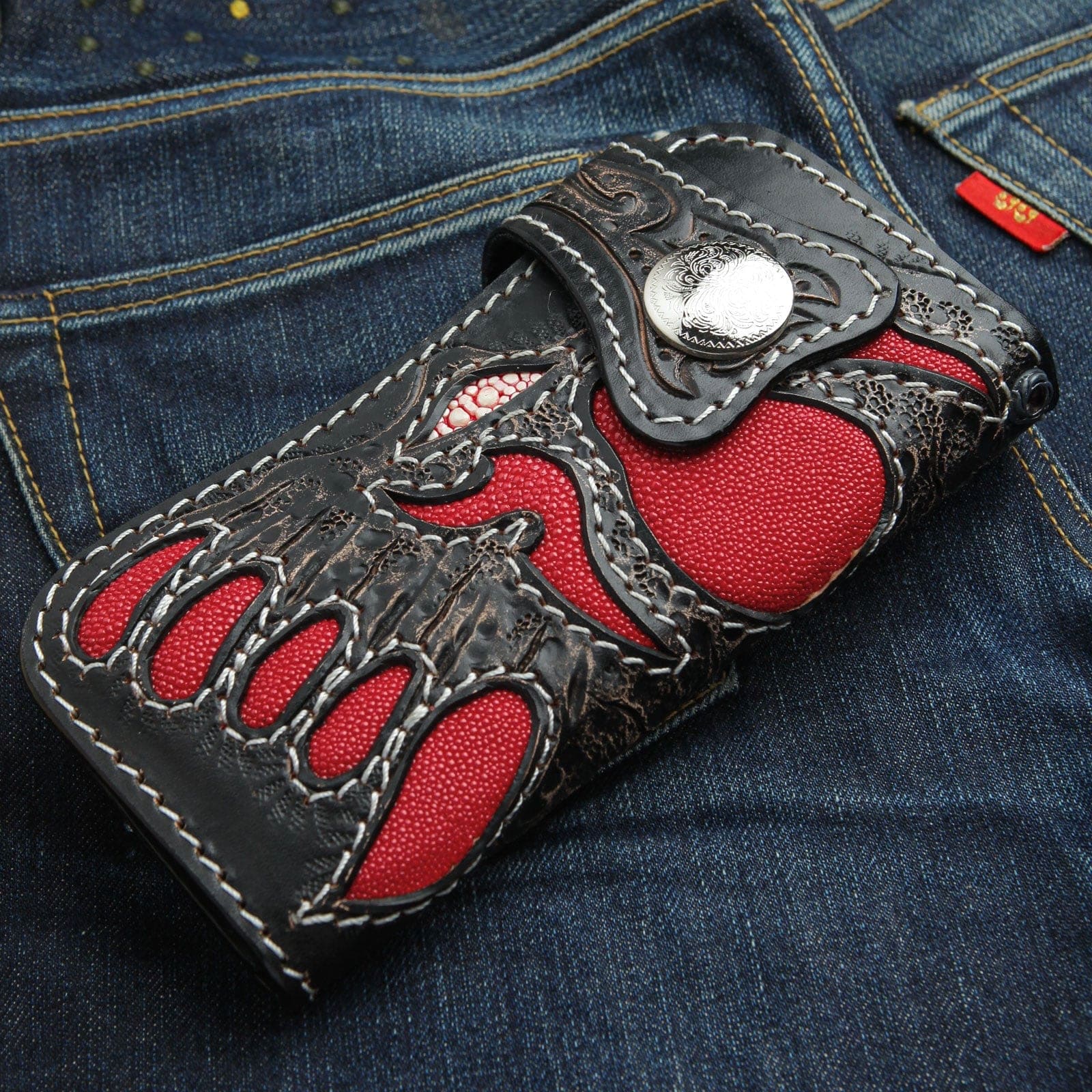 Handcrafted Red Demon Stingray Leather Biker Wallet - Genuine Exotic Leather Money Clip Wallet for Men - Perfect for Motorcycle Riders, Bikers & Gift Giving