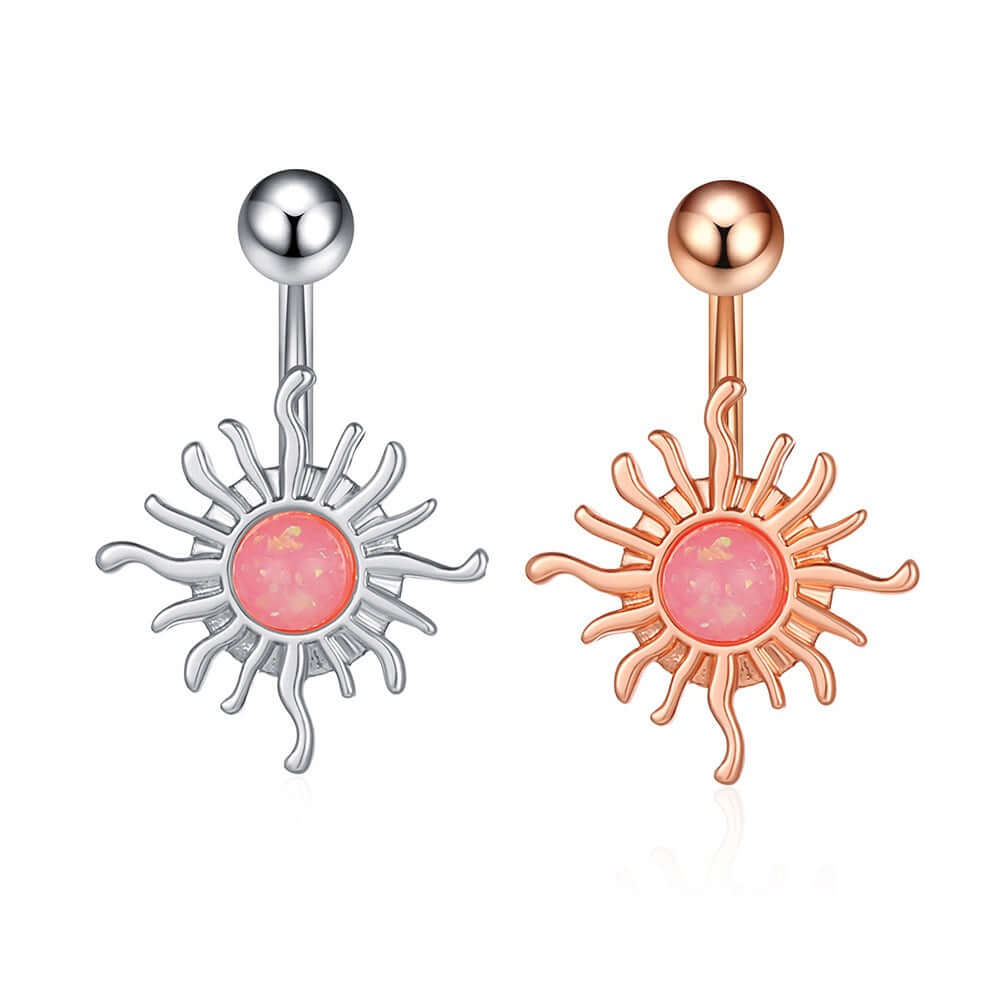 Pink Opal Sun Belly Rings - WH2607 | Dainty Navel Piercing Jewelry for Women, Belly Button Rings for Summer Outfits & Beach Wear