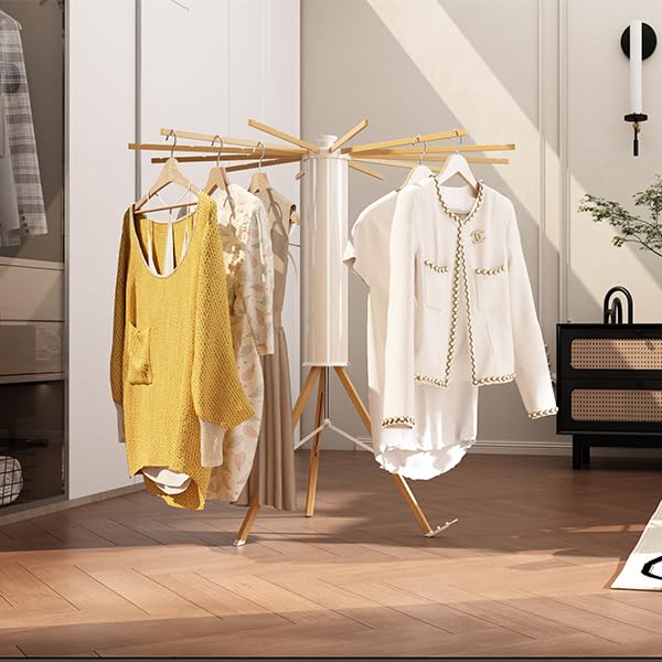 Portable Foldable Tripod Drying Rack with 12 Wooden Arms - Collapsible Standing Laundry Hanger for Clothes, Towels & Delicates | Perfect for Laundry Room, Balcony, Bedroom, RV & Travel Use