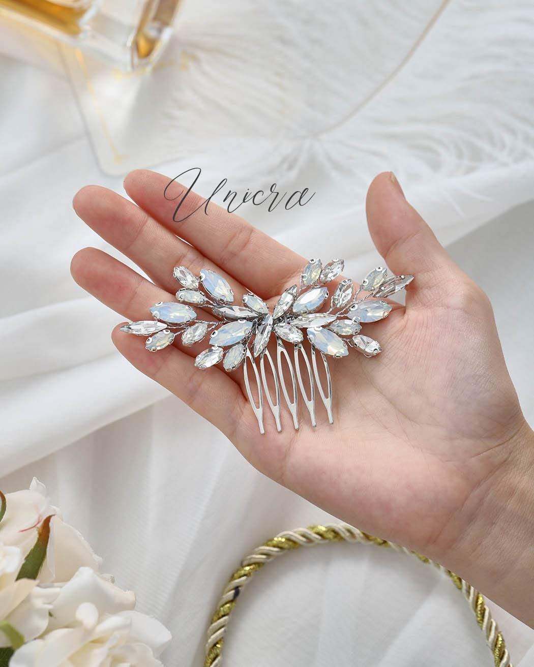 Elegant Silver Wedding Hair Comb with Opal Crystal & Rhinestones – Bridal Hair Accessories for Women & Girls – Perfect for Weddings, Prom, and Formal Events
