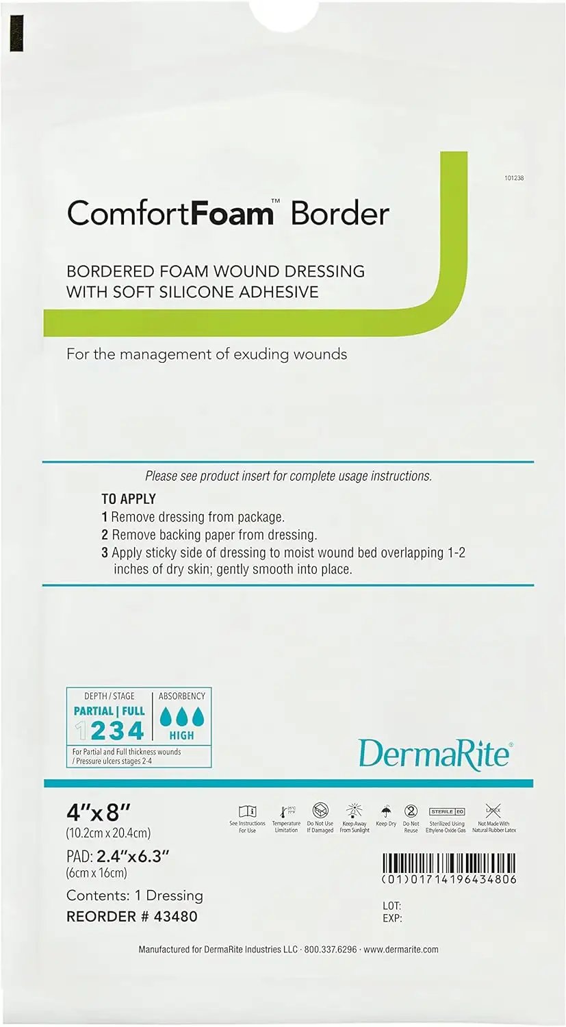 **ComfortFoam Border Silicone Foam Dressing Wound Care, 4x8 Inch Rectangle (Pack of 10) – Ideal for Pressure Ulcers, Surgical Wounds & Diabetic Foot Care**
