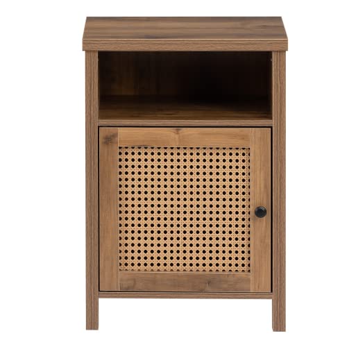 Modern Rattan Bedside Table with Single Door & Drawer - Yellow Nightstand Cabinet for Bedroom Storage | Perfect for Small Spaces, Guest Rooms & Apartment Living