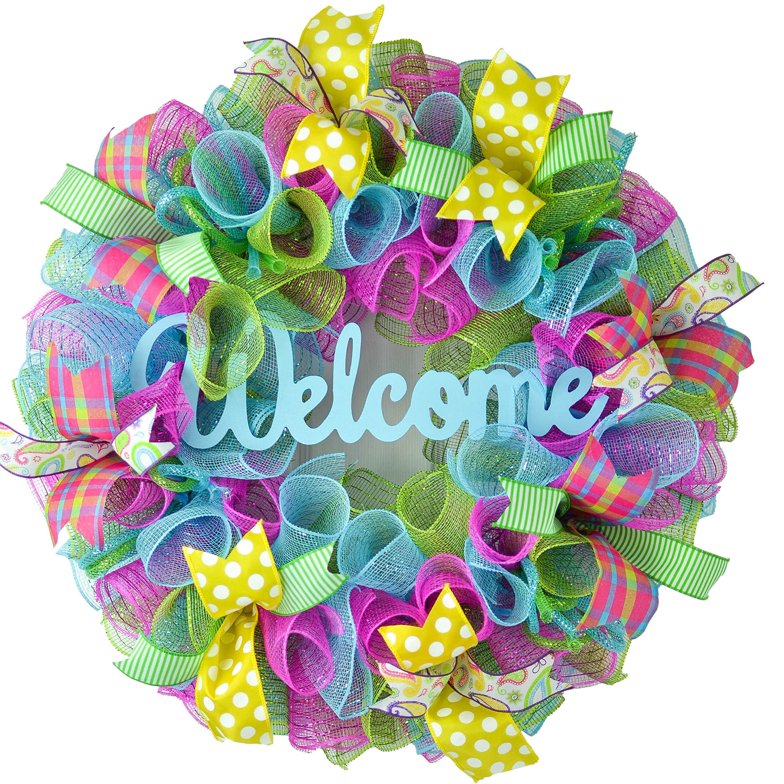 Summer Wreath for Front Door - Spring Floral Wreath Decorations - Birthday Gifts for Women - Year Round Welcome Wreath in Pink, Turquoise, Yellow & Green - Perfect for Home Decor, Front Porch, Wedding & Party Decorations