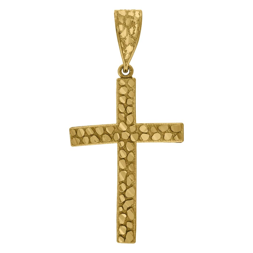 10K Yellow Gold Nugget Textured Cross Pendant Necklace for Men & Women - Religious Charm Jewelry Gift (53.5x26.60mm) - Perfect for Baptism, Confirmation, Christmas & Everyday Faith Wear
