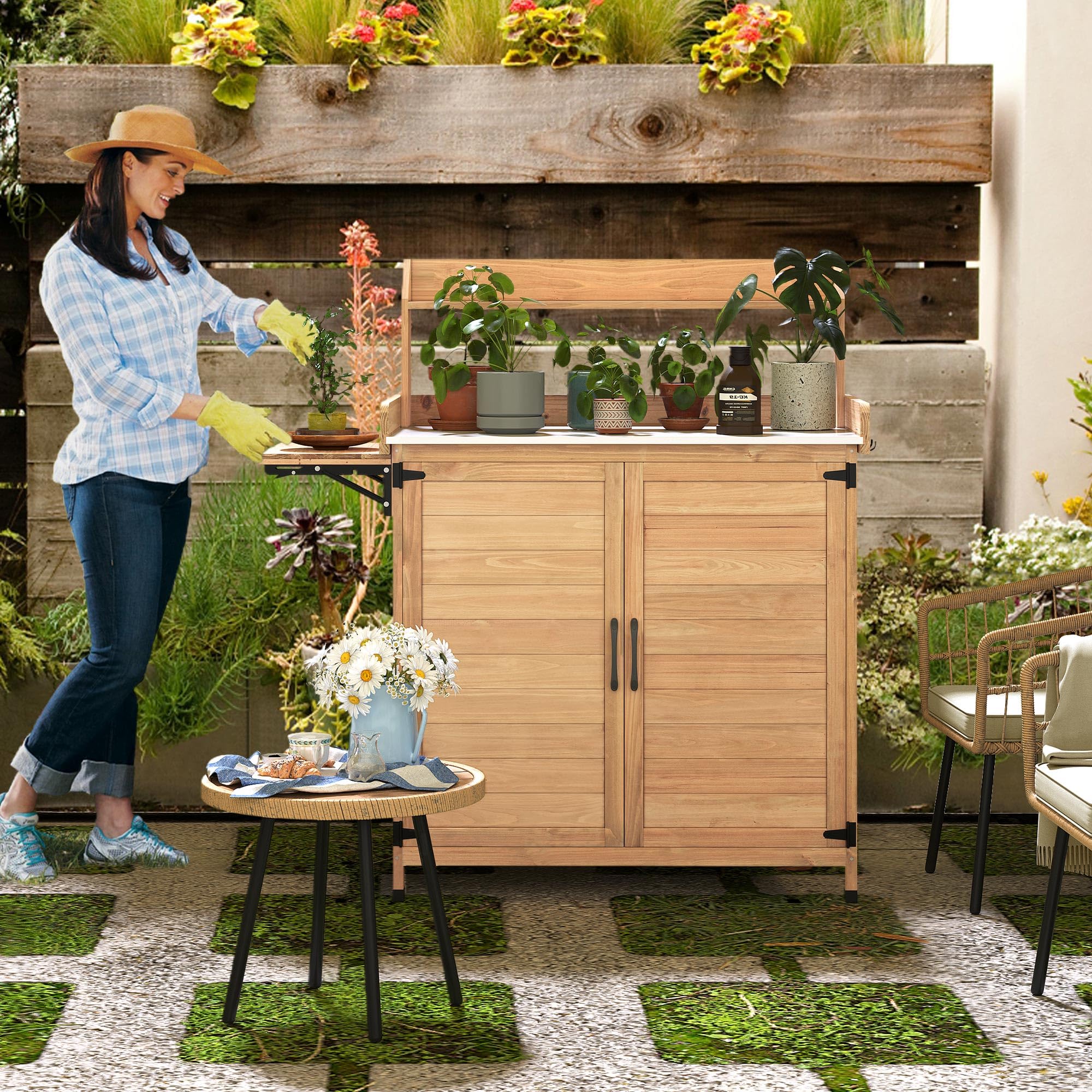 YITAHOME Solid Wood Potting Bench with Folding Shelf & Metal Tabletop - Outdoor Garden Workstation with Storage Cabinet for Planting, Gardening, Backyard Use - Perfect for Organizing Tools, Repotting Plants, and Outdoor Projects