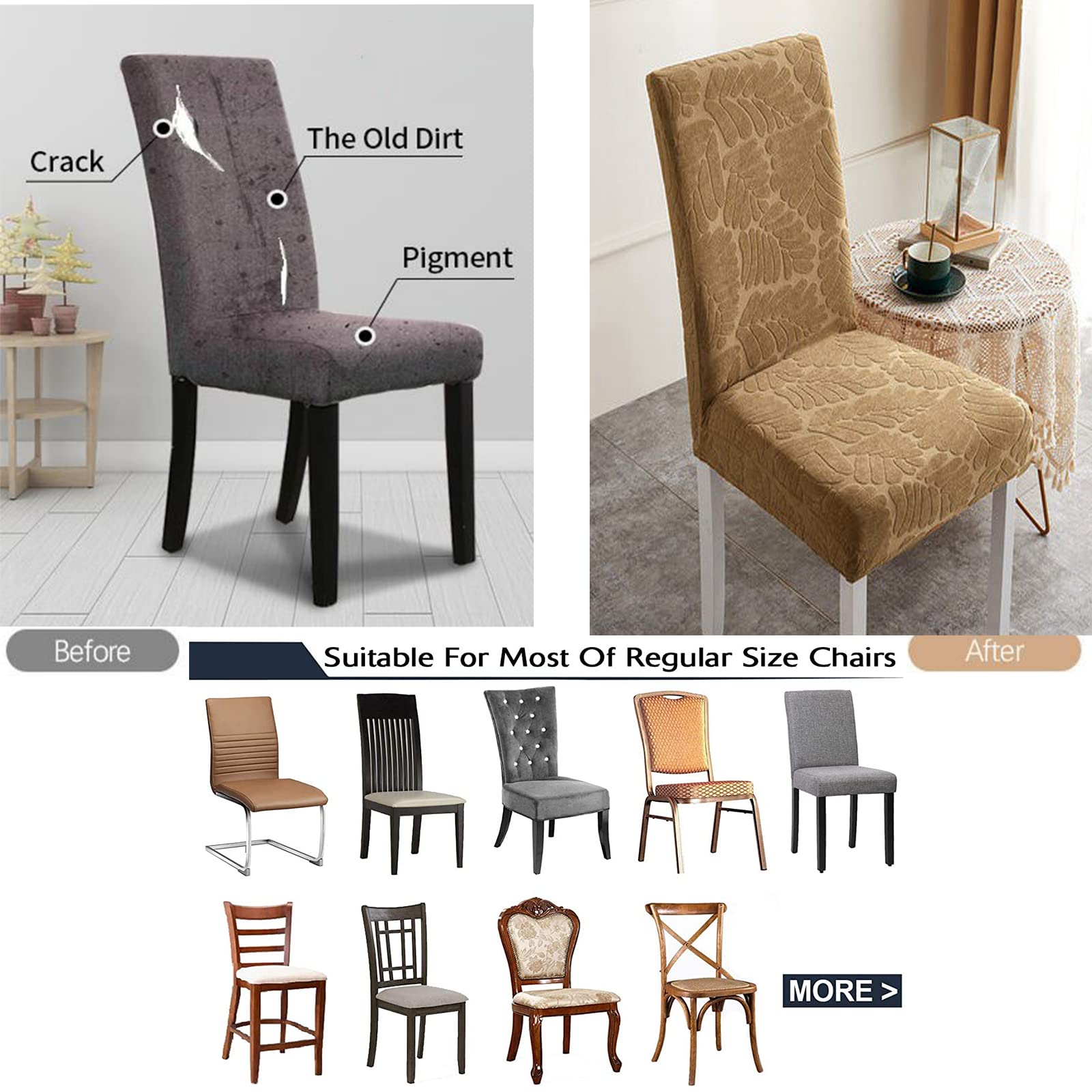 Stretch Jacquard Dining Chair Covers - Washable Knitted Fleece Slipcovers for High Chairs (Light Coffee, Set of 6) | Home, Office & Restaurant Seat Protectors