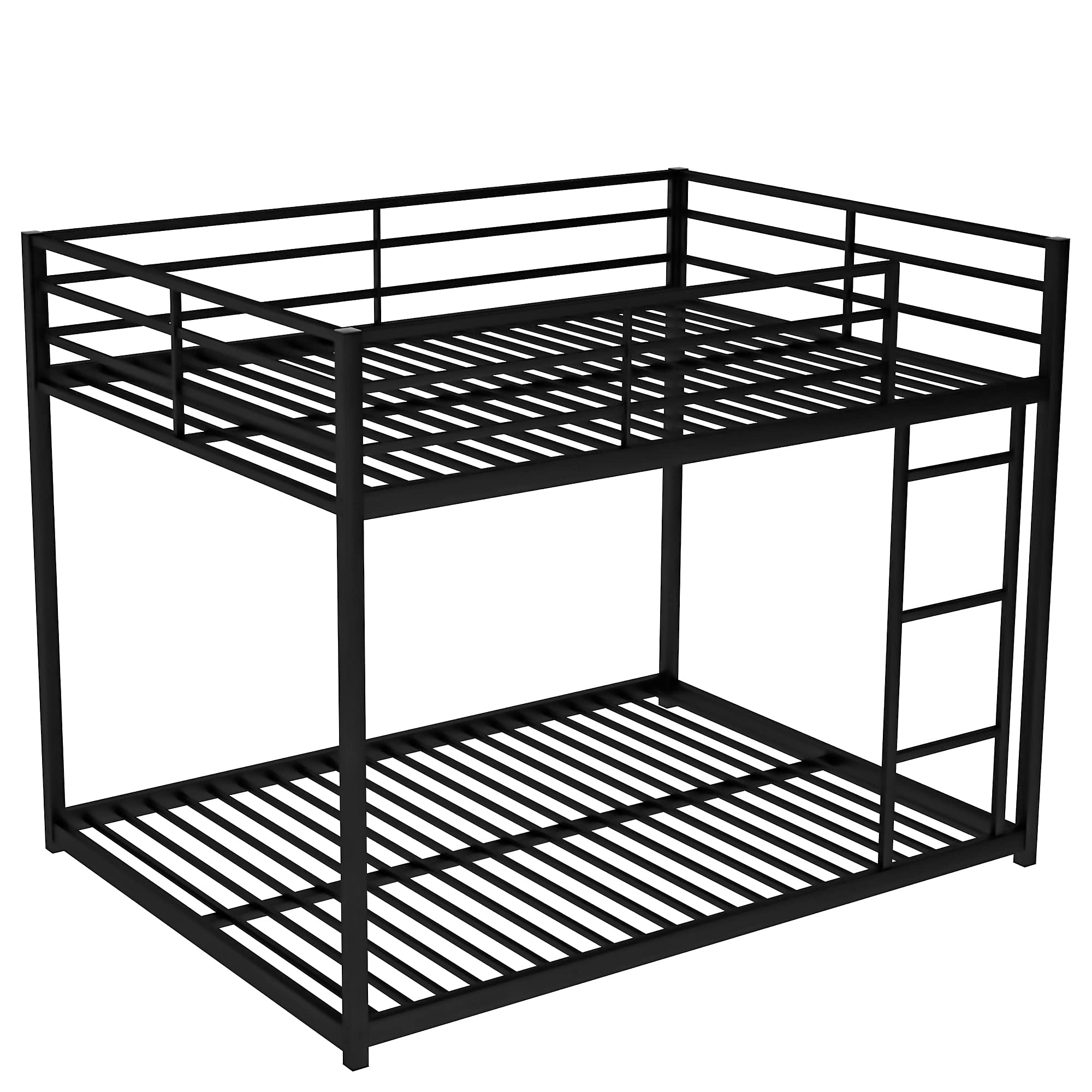 BOVZA Full Over Full Metal Bunk Bed with Built-in Ladder, Low Profile Floor Bunk Bed Frame for Kids & Teens - Black | Space-Saving Bedroom Solution for Siblings, Sleepovers & Small Rooms