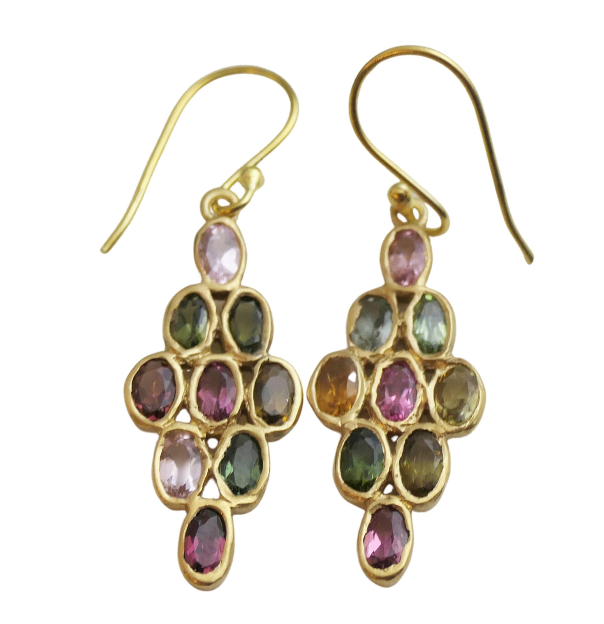 Natural Multi-Colored Tourmaline Waterfall Chandelier Earrings - 14K Gold Plated Sterling Silver Drop Dangle Earrings - Handmade Gemstone Jewelry for Women - Perfect Gift for Mother's Day, Birthday & Wedding - Elegant Bridal Jewelry for Special Occasions
