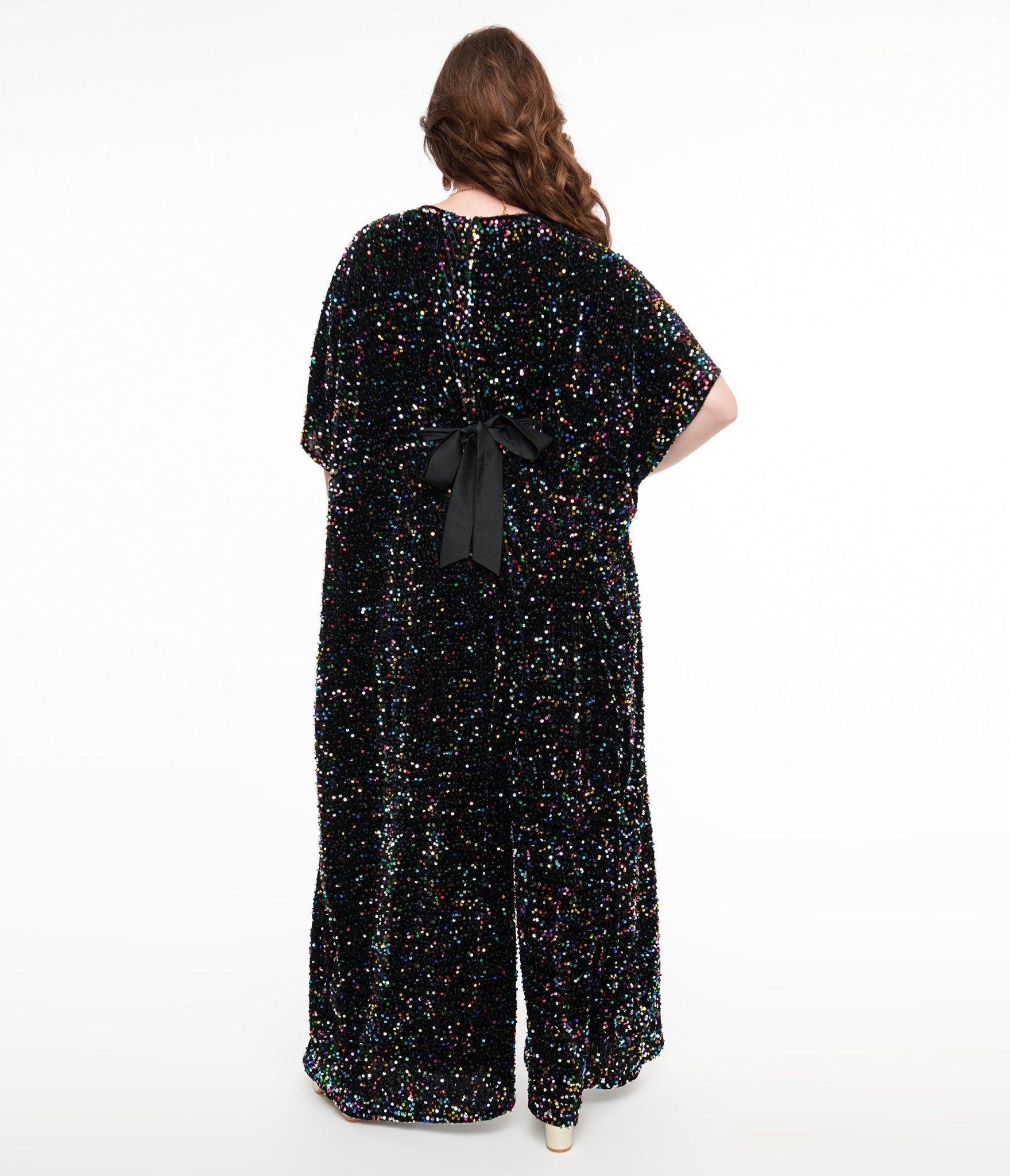 Vintage 1970s Black Iridescent Sequin Caftan Jumpsuit - Retro Disco Party Outfit for Women, Perfect for Halloween Costume, Themed Parties & Boho Fashion