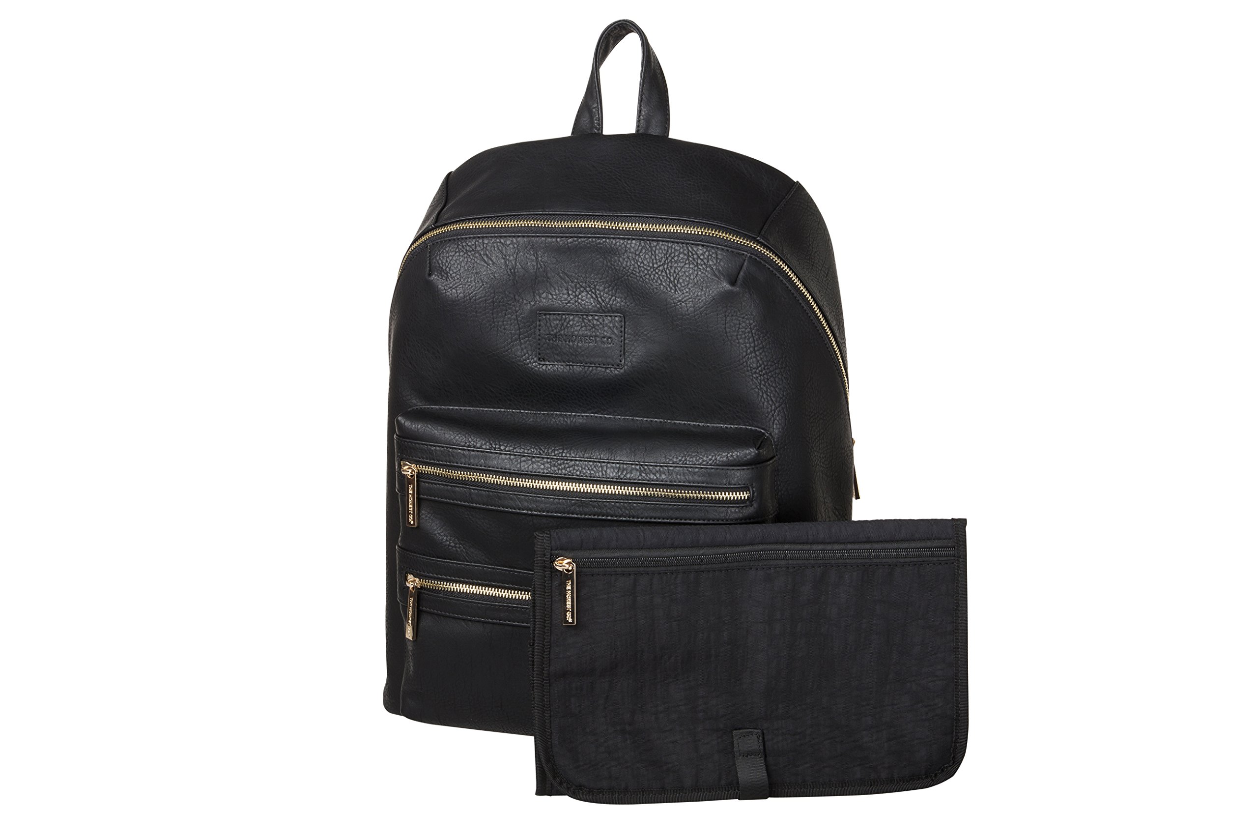 The Honest Company Vegan Leather City Backpack - Stylish Diaper Bag with Detachable Changing Pad | Black Eco-Friendly Leather with Gold Accents | PVC-Free Lining (16