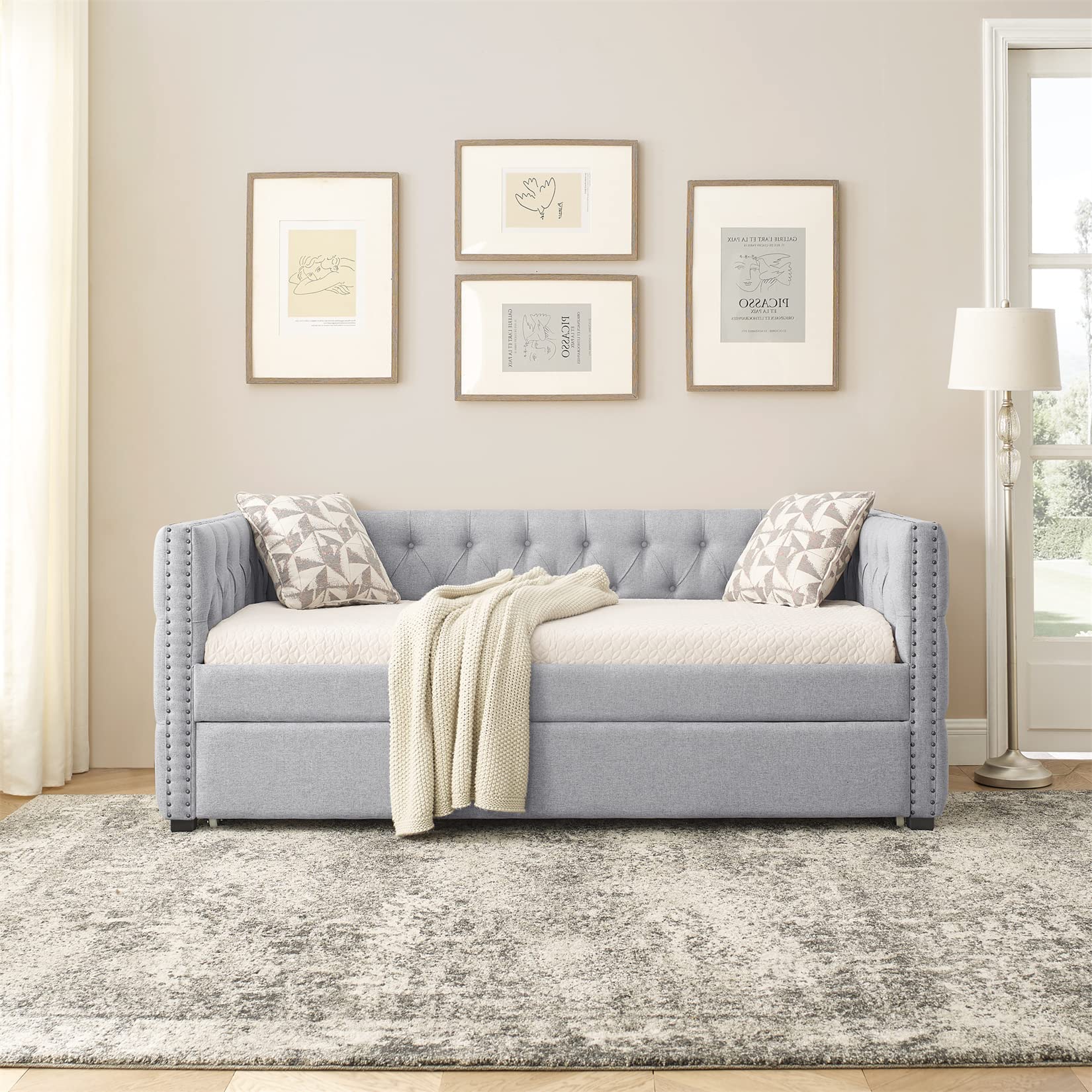 Bellemave Twin Upholstered Daybed with Trundle - Mid Century Modern Tufted Button Sofa Bed Frame with Wood Slats - Gray Twin Size Daybed for Living Room, Guest Room & Small Space