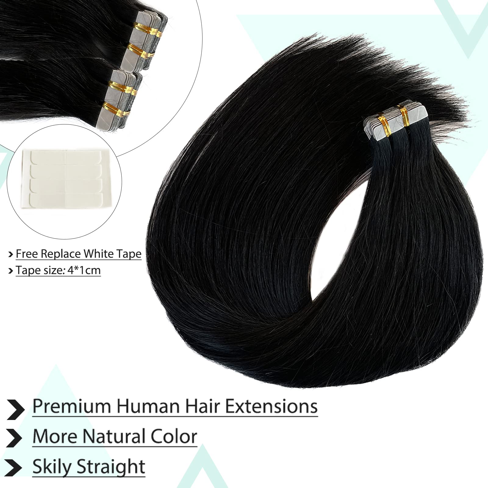 20-Piece Jet Black Tape-In Human Hair Extensions – 12 Inch, 50g, Invisible & Natural Look for Styling & Volume | Perfect for Parties, Weddings & Everyday Wear