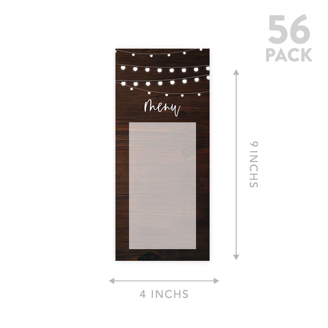 Rustic Wood String Lights Printable Wedding Menu Cards - DIY Printer Friendly Premium Cardstock (4x9 Inches, Pack of 56) for Table Place Settings, Programs, Rehearsals & Reception - Perfect for Rustic Weddings, Bridal Showers & Outdoor Events