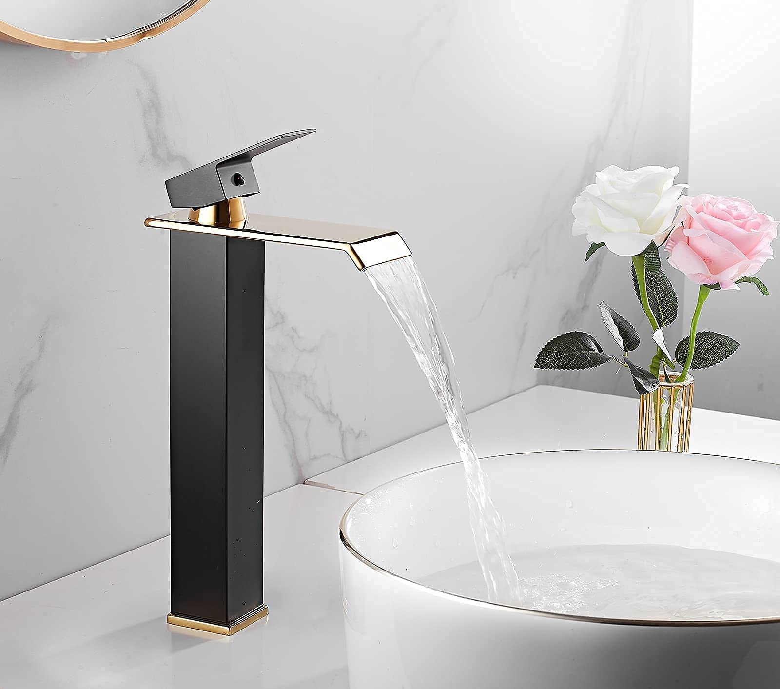 Black Gold Waterfall Single Handle One Hole Vessel Sink Faucet with Golden Drain Assembly - No Overflow - Tall Bowl Bathroom Faucet for Modern & Luxury Vanity Sinks