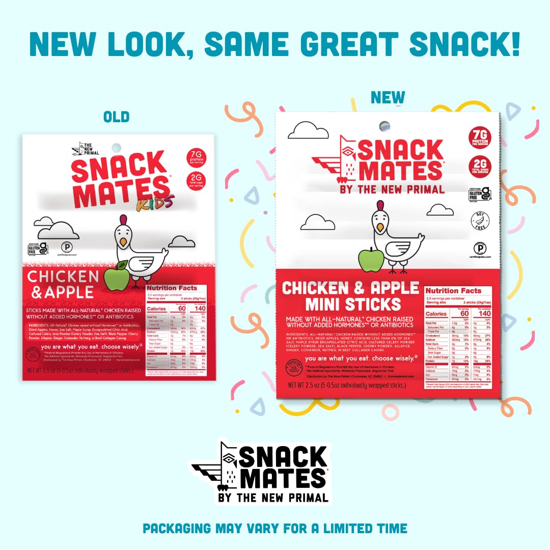 New Primal Snack Mates Chicken & Apple Sticks - Gluten Free, High Protein Healthy Snacks for Kids - 7g Protein, 60 Calories per Stick - Paleo, Keto Friendly Jerky - 40 Pack - Perfect for School Lunches, Hiking & On-the-Go Snacking