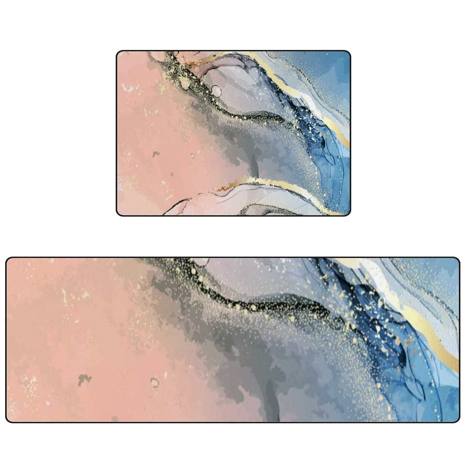 Non-Slip Gold Ink Abstract Kitchen Rug Set - 2 Piece Washable Coral Velvet Mats (17.7×29.1Inch + 17.7×58.2Inch) - Soft Absorbent Floor Mats for Kitchen, Dining Area, and Entryway