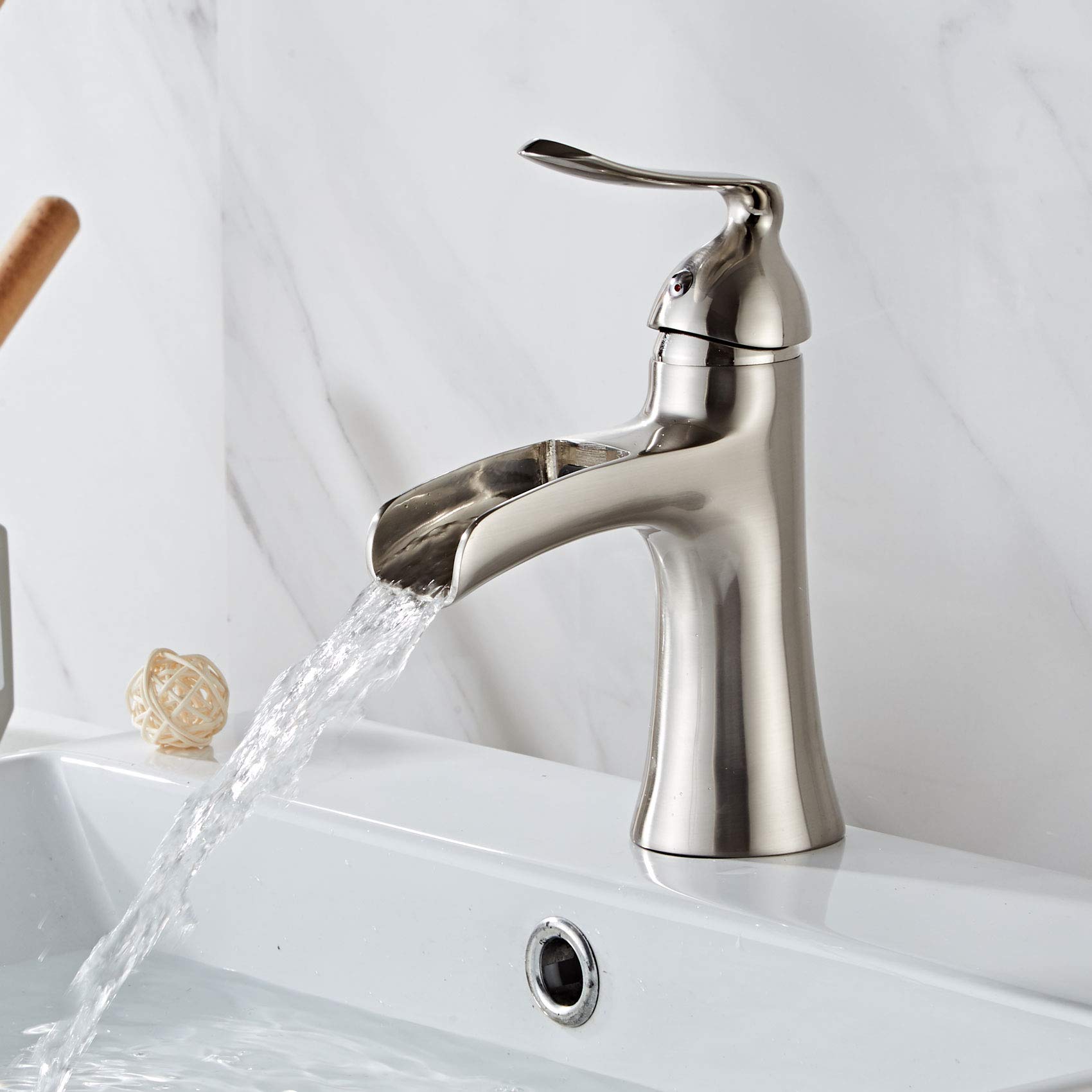 Brushed Nickel Waterfall Bathroom Sink Faucet - Single Handle Single Hole Lavatory Faucet with Supply Hose & Cover Plate - Commercial Basin Mixer Tap for Modern Bathroom & Powder Room