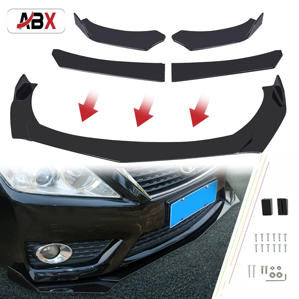 ABX Universal Glossy Black Front Bumper Lip Body Kit - 4PC Car Splitter Spoiler for Enhanced Style & Aerodynamics - Perfect for Sports Cars, Tuners & Street Racing Enthusiasts