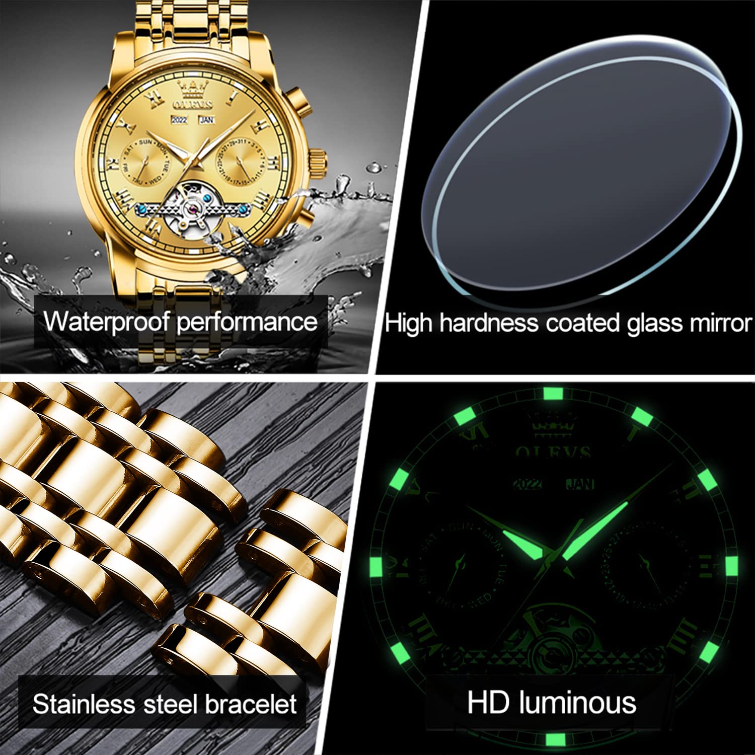 OLEVS Automatic Self-Winding Men's Watch - Stainless Steel Tourbillon Mechanical Watch with Luminous Hands, Waterproof Luxury Dress Watch for Business & Formal Occasions