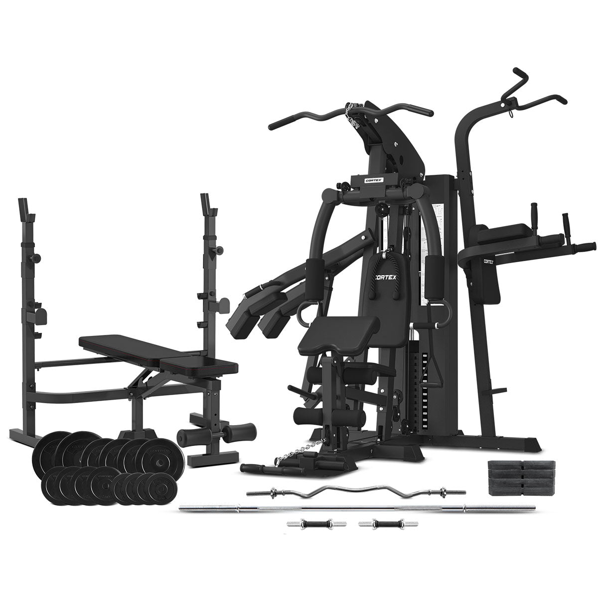 CORTEX GS7 Multi Station Home Gym with 98kg Weight Stack, MF4000 Bench Press & 70kg EnduraShell Weight Plates - Full Body Workout Equipment for Strength Training at Home