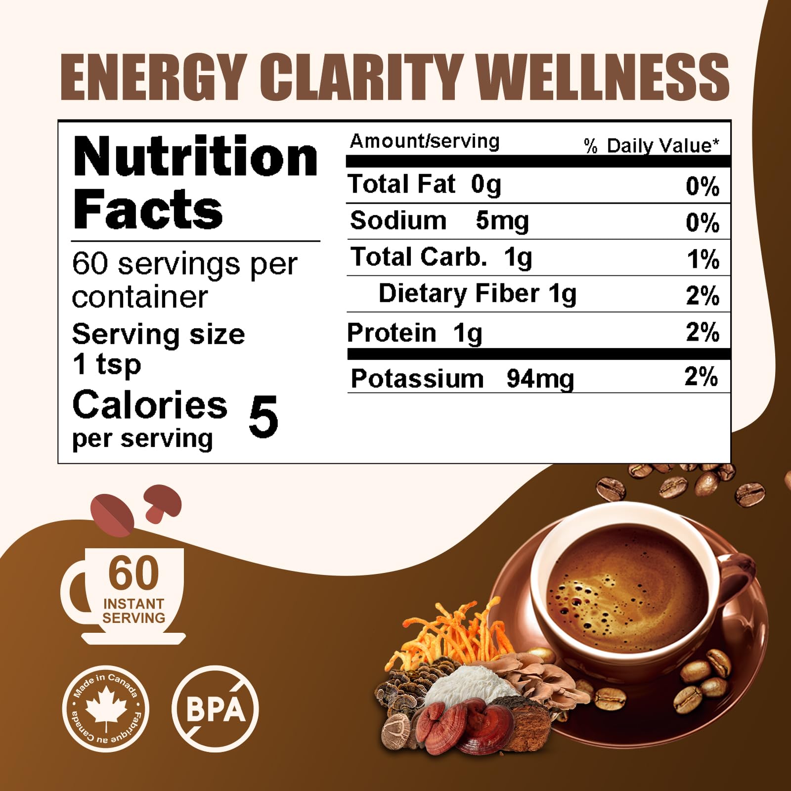 Grelim Mushroom Coffee with 7 Superfood Mushrooms - Premium Arabica Instant Coffee, 4.23 Oz - Boost Energy & Focus for Workouts, Office & Morning Routine