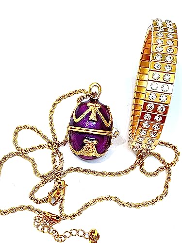Luxury Amethyst Jewelry Set - 24K Gold Plated Faberge Egg Necklace & Bracelet with Austrian Crystals - Handmade Purple Gemstone Gift for Women - Perfect for Birthday, Anniversary, Valentine's Day Gifts for Wife, Mother, Girlfriend - Elegant Jewelry for Special Occasions, Parties, Weddings and Formal Events