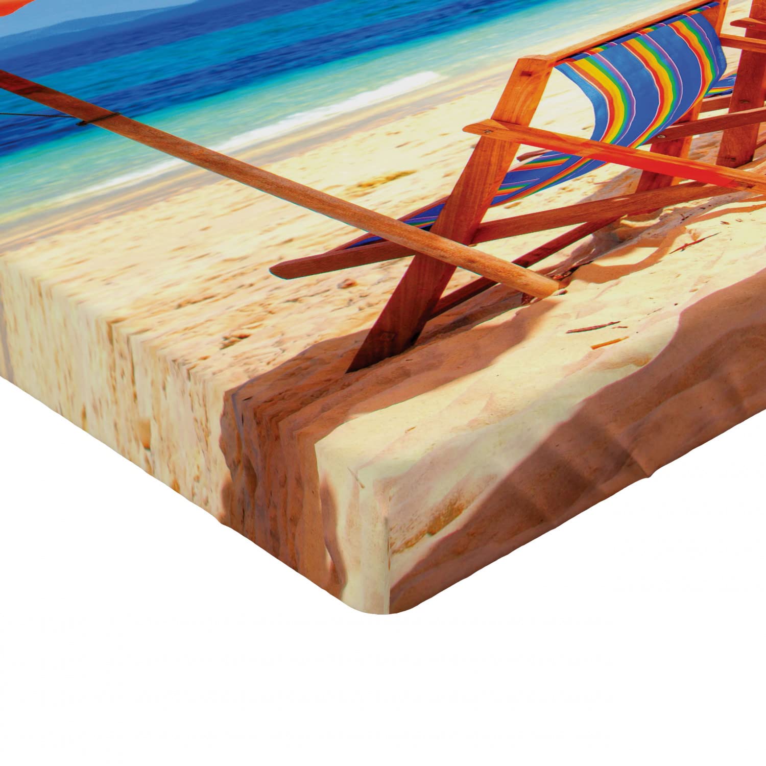 Ambesonne Queen Size Fitted Sheet - Tropical Beach Design with Deck Chairs Overlooking Thailand Sea, Deep Pocket All-Around Elastic for Comfort, Orange & Blue - Perfect for Beach Themed Bedrooms, Vacation Homes & Coastal Decor