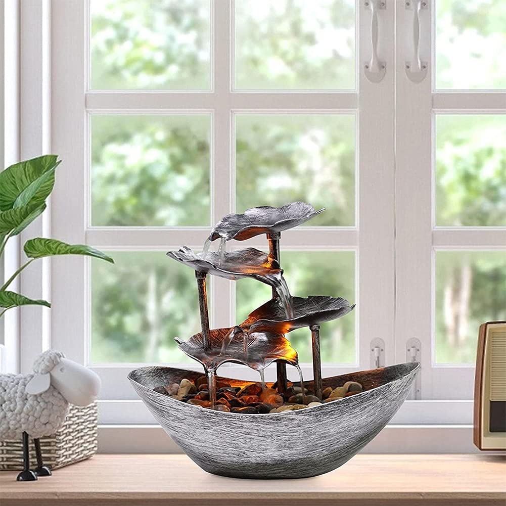 Indoor Tabletop Water Fountain with LED Lights - Lotus Leaf Design Resin Statue for Home, Office & Patio Decor | Relaxing Desktop Water Feature for Stress Relief & Feng Shui (Silver)