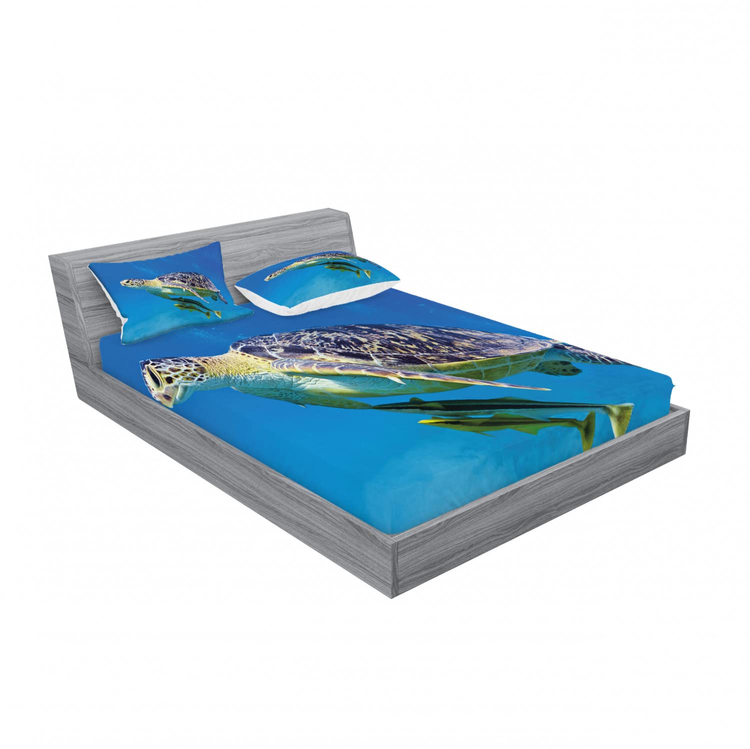 Ambesonne 2-Pack Queen Size Turtle & Fish Ocean Themed Fitted Sheet Set with 4 Pillow Shams - Blue, Yellow & Brown Underwater Bedding Decor for Coastal & Nautical Bedroom Design - Perfect for Beach House, Kids Room or Marine Lover's Bedroom