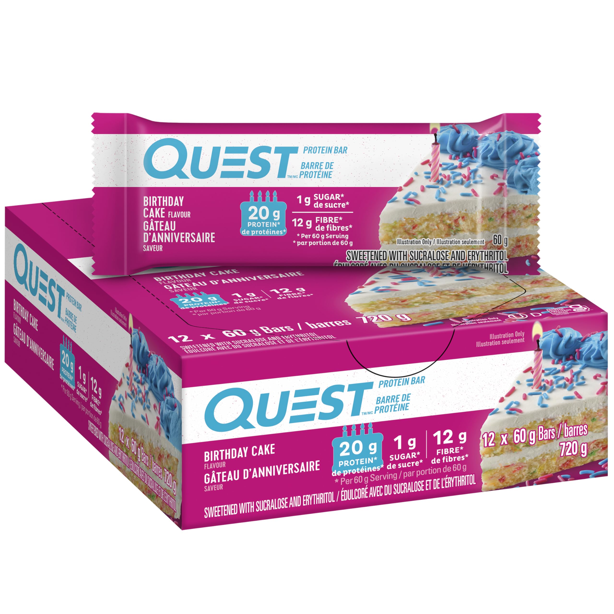 Quest Nutrition Birthday Cake Protein Bar - 20g Protein, 1g Sugar, High Fiber, Keto Friendly, Gluten Free (12 Count) - Perfect for Post-Workout Recovery, Healthy Snacking & Low Carb Diet
