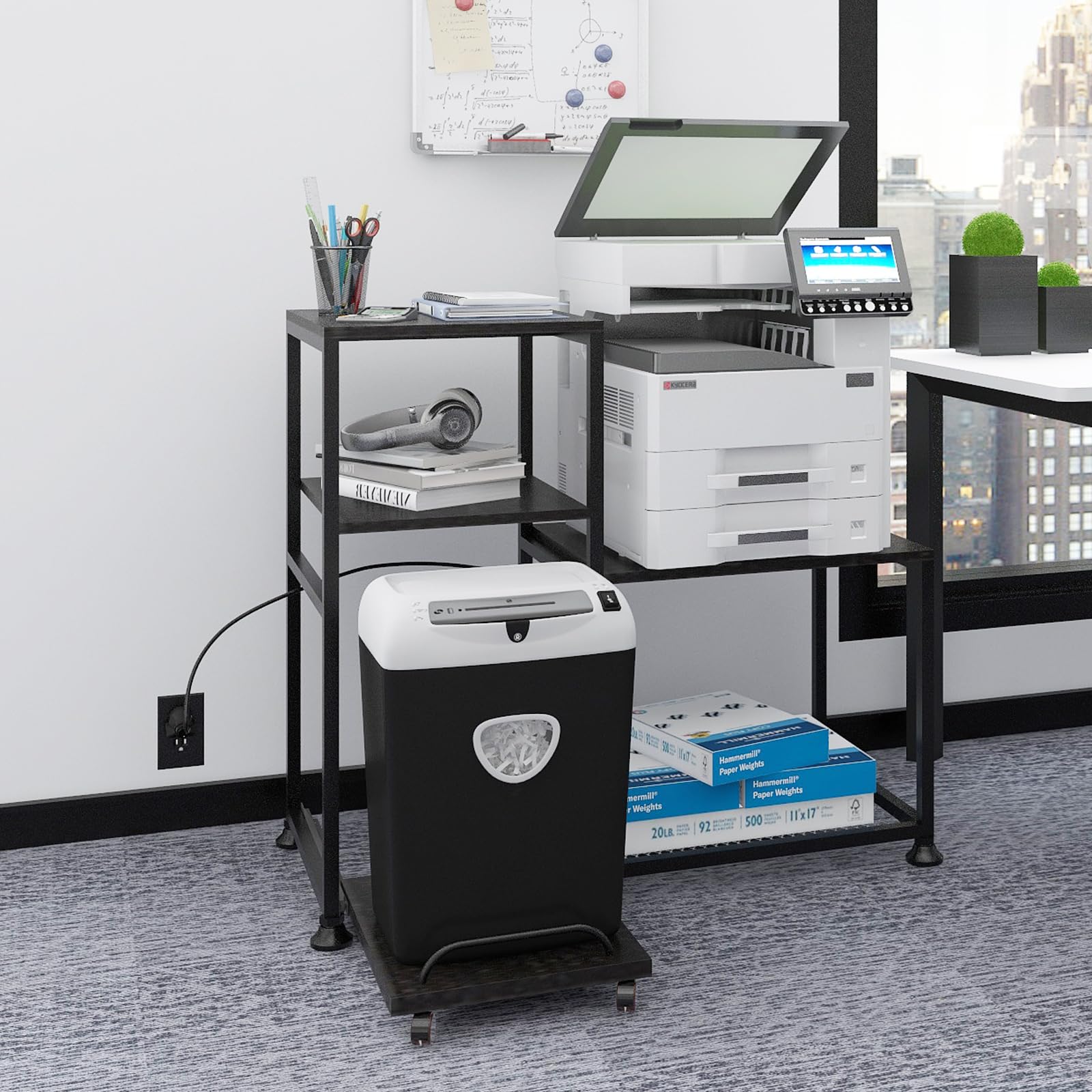 Natwind Printer and Shredder Stand with Power Outlet - Heavy Duty Ergonomic Workstation Organizer for Home Office, Black - Perfect for Desk Organization & Cable Management