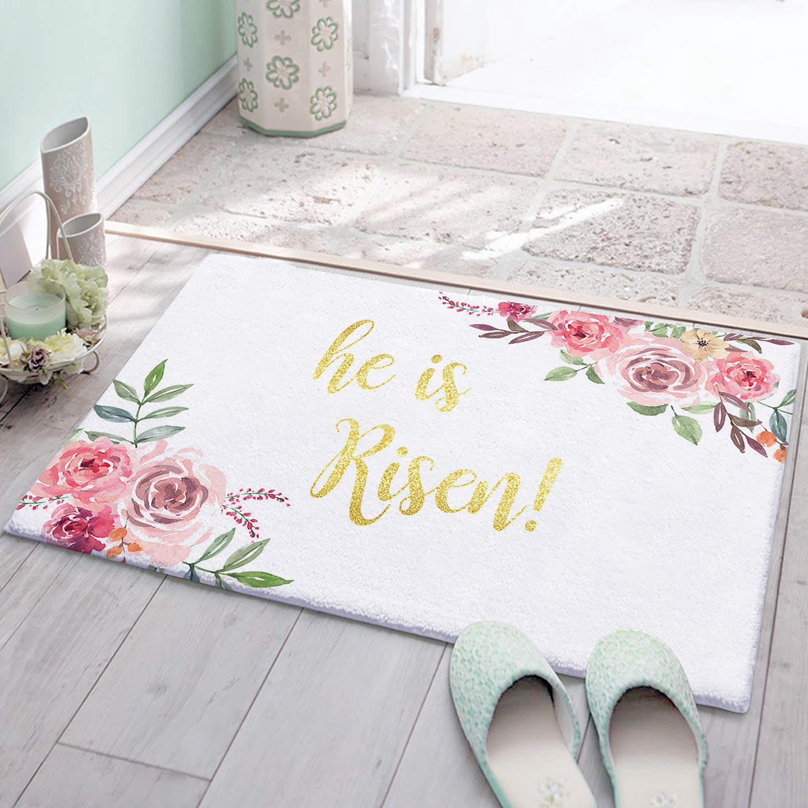 ARTSHOWING Easter Spring Floral Indoor Door Mat - Non-Slip Super Absorbent Entryway Rug, 16x24 Inch Plush Front & Back Doormat for Home Decor - Perfect for Easter Decorations, Spring Home Entryway, and Church Welcome Mats (He is Risen)