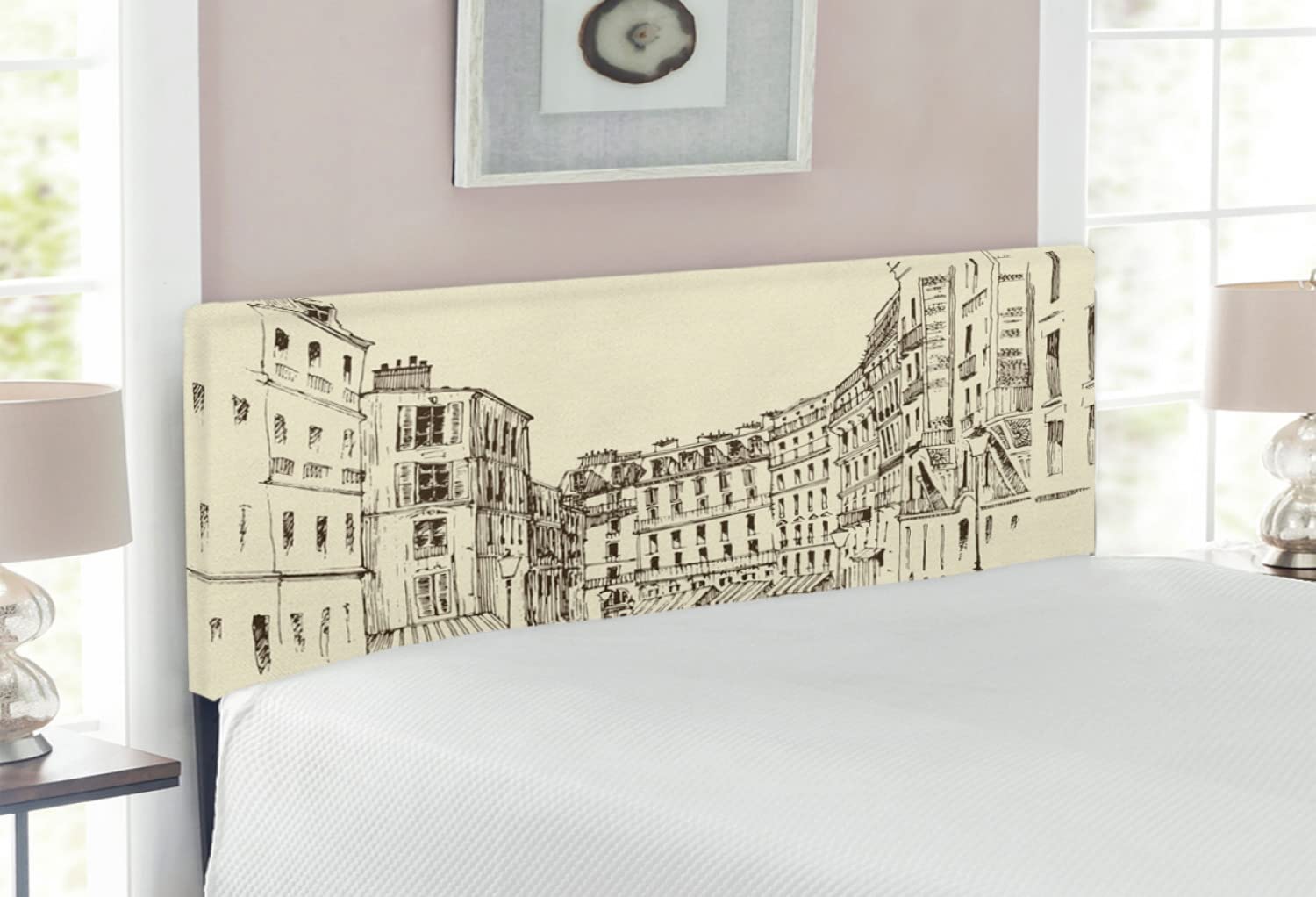 Ambesonne Paris Upholstered Headboard - Full Size Black & Cream Memory Foam Bed Headboard with Hand-Painted French Architecture Design | Classic European Urban Style for Master Bedroom Decor