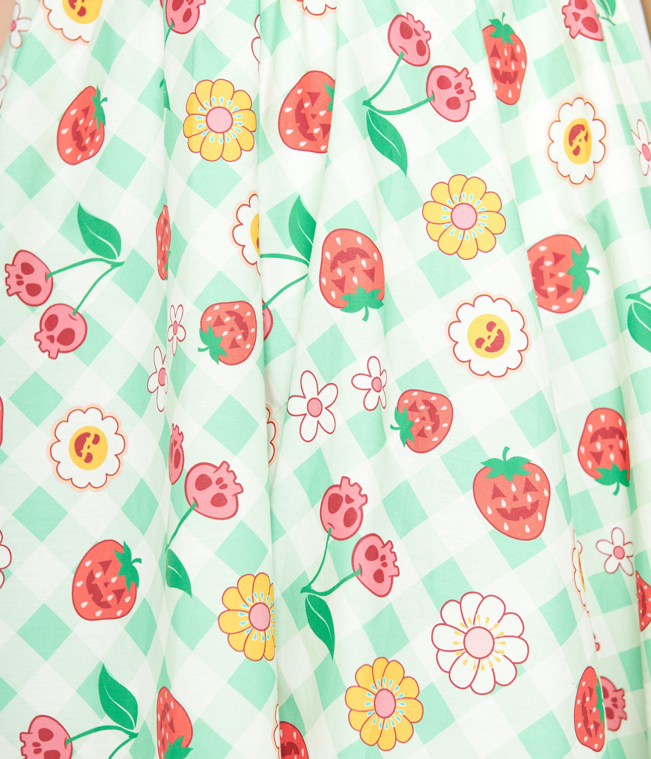 Vintage 1950s Green Gingham Spooky Fruit Print Halter Swing Dress - Retro Pinup Style for Halloween, Costume Parties & Vintage Fashion Lovers