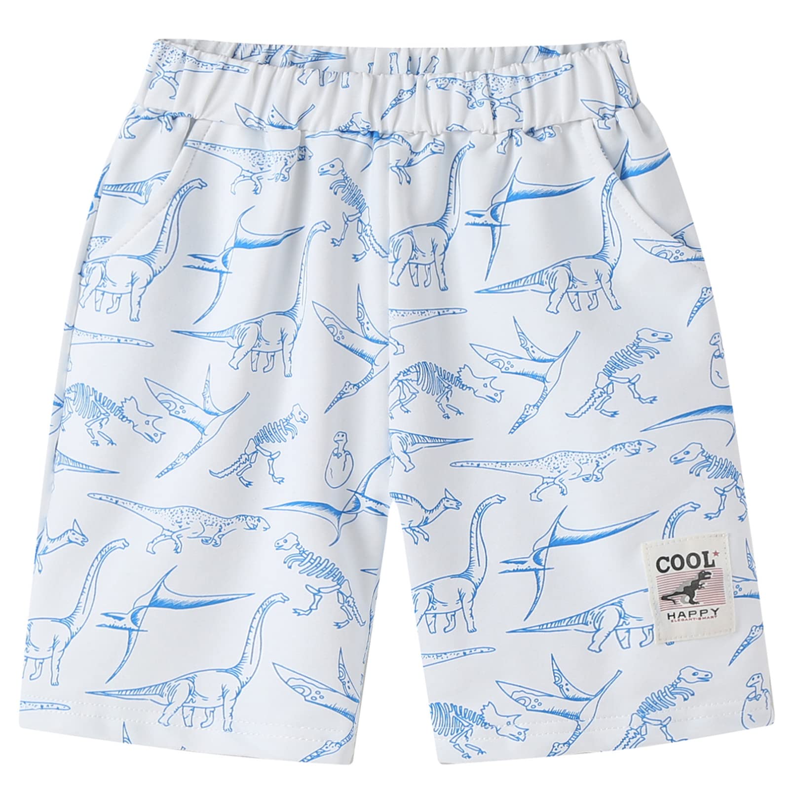 Fldy Boys' Athletic Sports Shorts with Elastic Waist & Pockets - Dinosaur Print Casual Summer Shorts for Kids - Perfect for Playground, Sports & Outdoor Activities