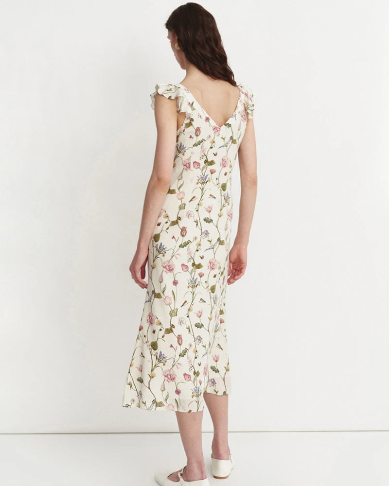 Floral Ruffle Shoulder Silk Dress - Elegant Women's Summer Party Cocktail Dress for Weddings, Dinners & Special Occasions