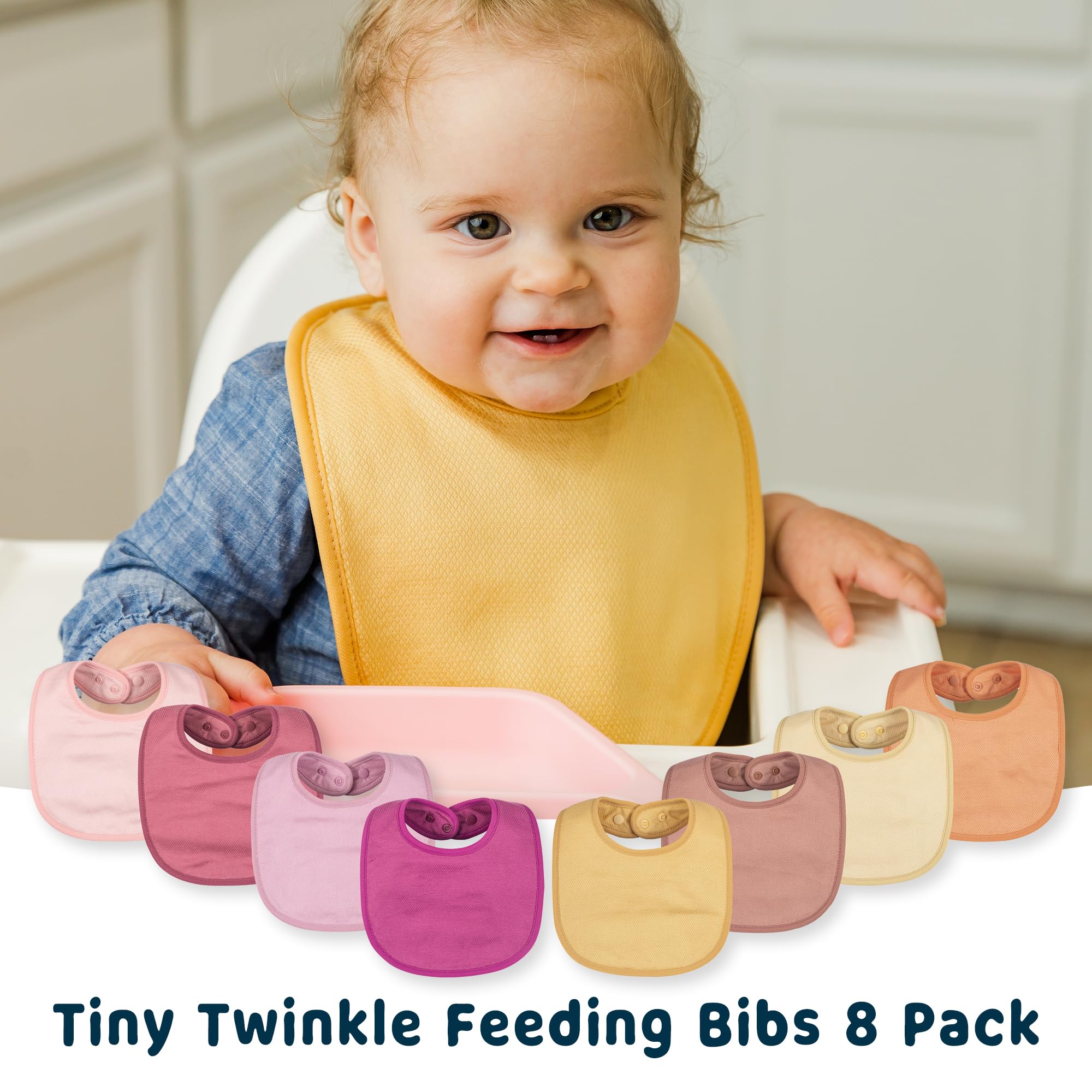 Tiny Twinkle Baby Feeding Bibs 8 Pack - Waterproof & Absorbent Drool Bibs for Infants - Soft & Comfortable for Mealtime, Teething, and Daily Use