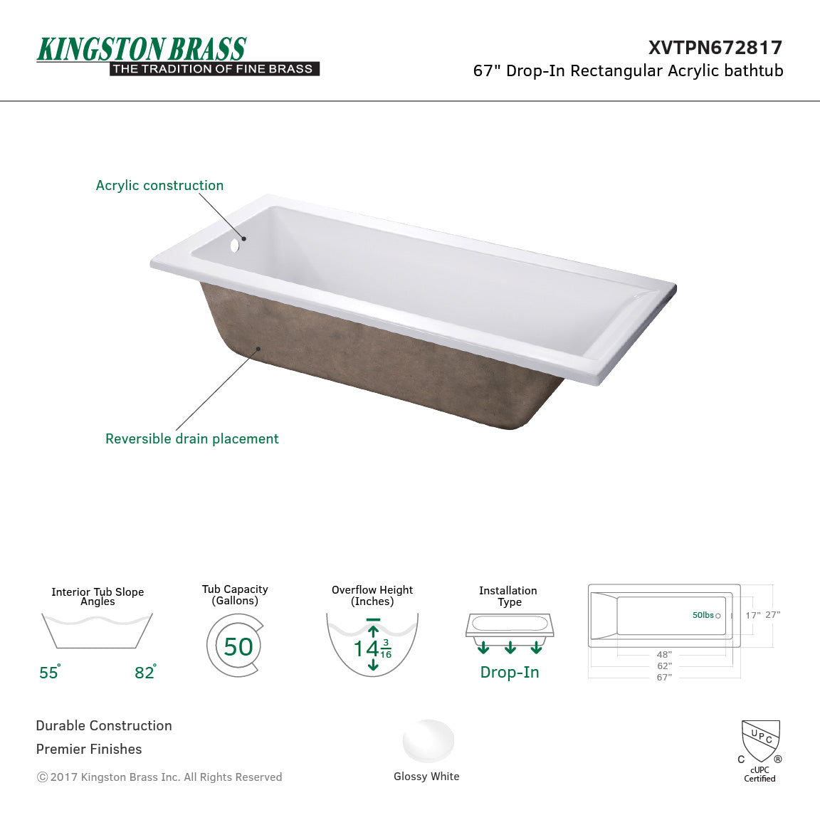 Aqua Eden 67-Inch Acrylic Rectangular Drop-In Bathtub with Reversible Drain - Glossy White Freestanding Soaking Tub for Modern Bathroom Renovation & Spa Relaxation