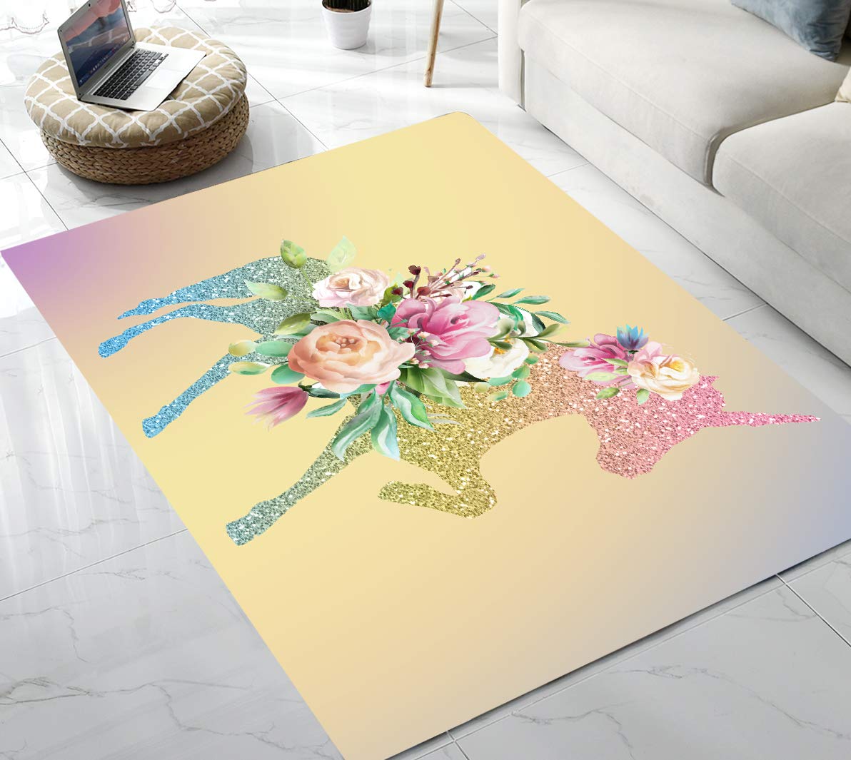 Colorful Floral Unicorn Area Rug 5'x6' - Soft Non-Slip Kids Play Mat for Living Room, Bedroom, Nursery & Playroom - Perfect for Home Decor, Children's Play Area & Cozy Spaces