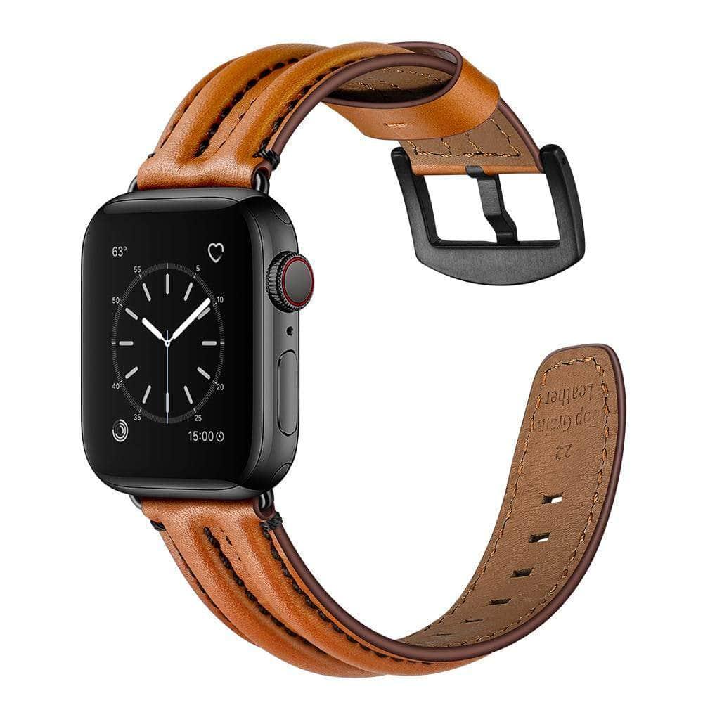 Genuine Leather Apple Watch Band for Series 3/4/5/6/SE - 38mm 40mm 42mm 44mm Sizes - Double Keel Strap - Perfect for Work, Gym & Everyday Wear