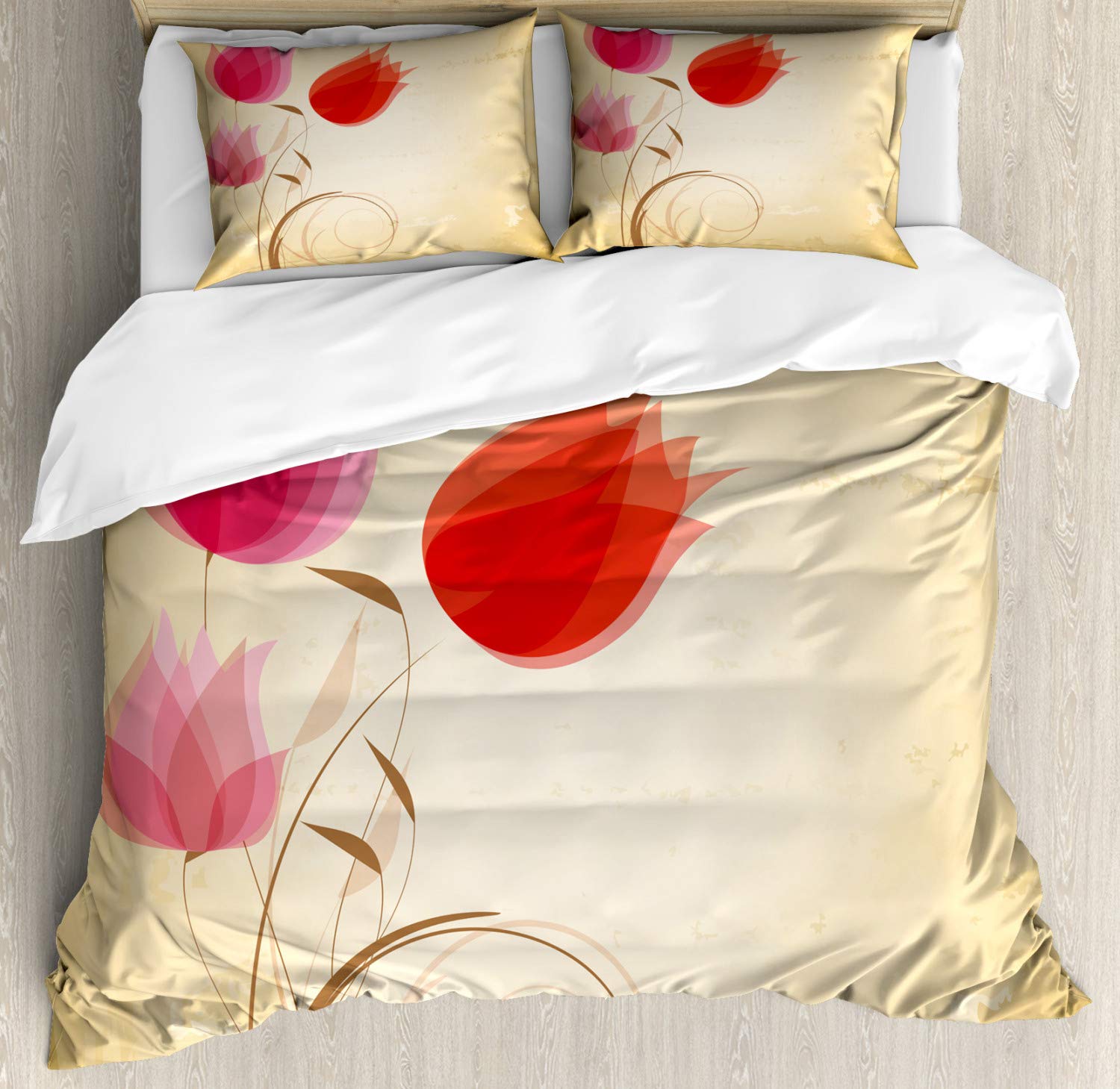 Ambesonne Floral Duvet Cover Set - Queen Size 3-Piece Bedding with 2 Pillow Shams | Tulip Flower Design in Sand Brown, Red & Pink | Nature-Inspired Home Decor for Bedroom, Guest Room & Dorm