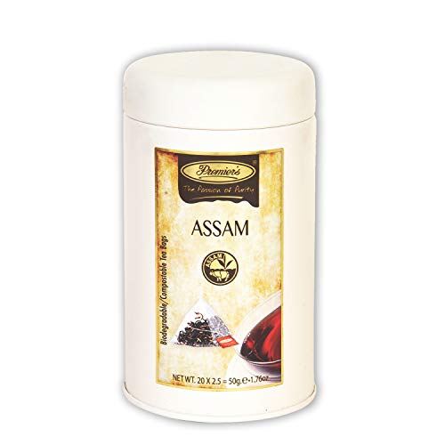 Premiums Assam Black Tea - Single Origin Loose Leaf Tea in 20 Biodegradable Pyramid Teabags (50g) | Full-Bodied Malty Flavor | Garden Fresh Tea in Elegant Off-White Metal Caddy | Perfect for Morning Boost, Afternoon Relaxation & Gift Giving