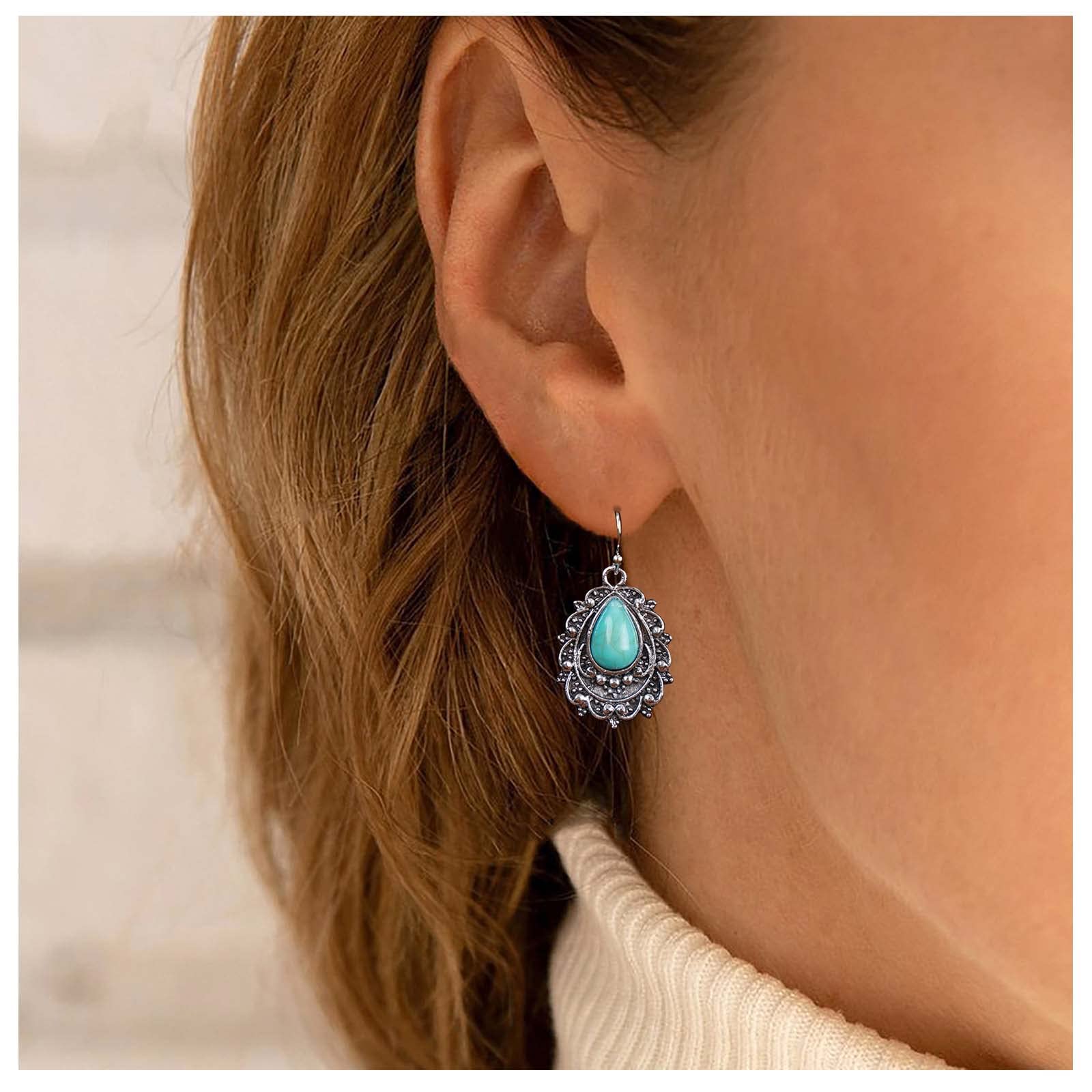 Vintage Teardrop Turquoise Drop Earrings for Women - Sterling Silver Dangle Hook Earrings with Blue Gemstone, Oval Turquoise Stone Jewelry - Perfect for Parties, Weddings & Boho Fashion