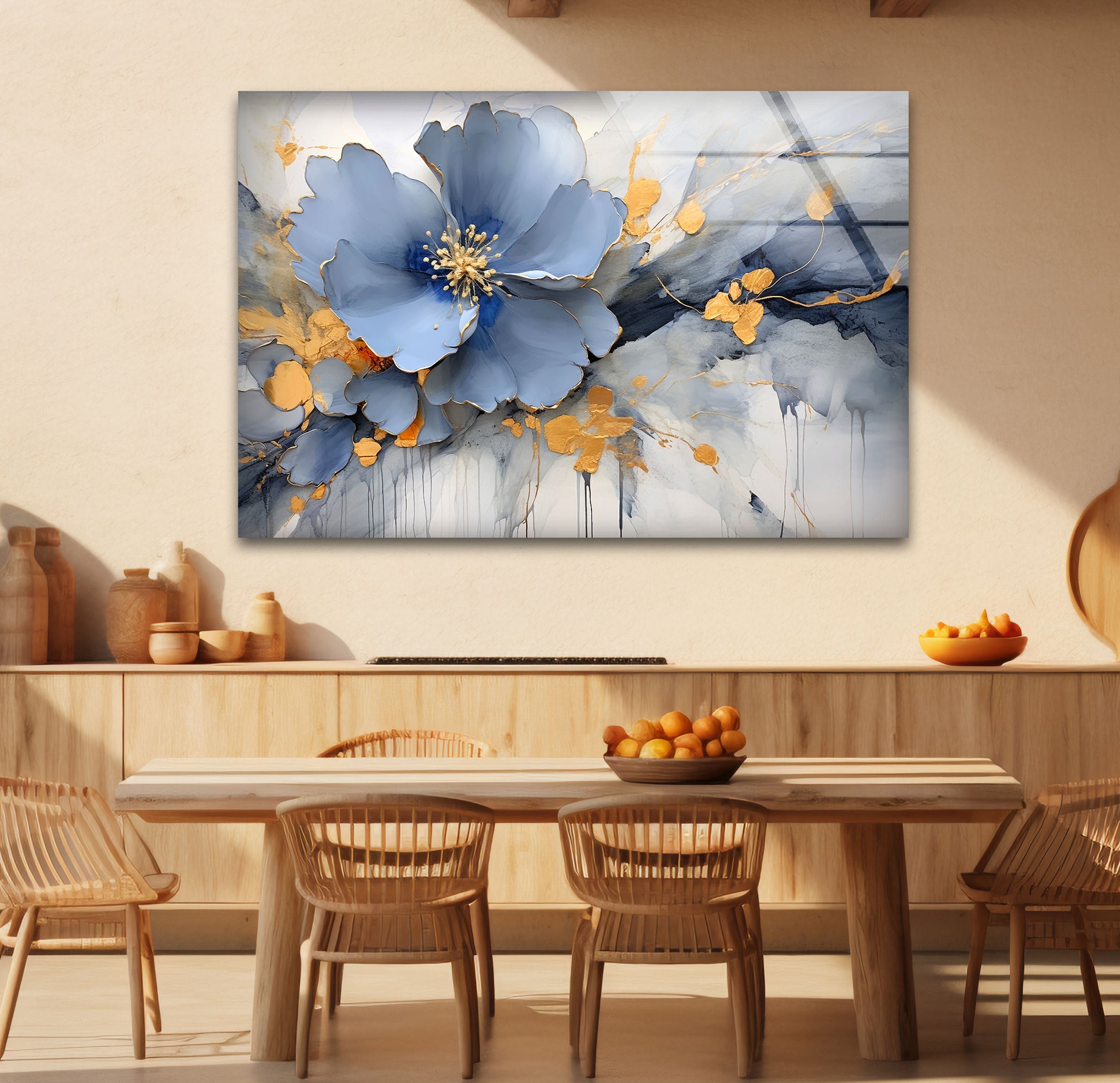 Blue Gold Blossom Wall Art - Elegant Floral Glass Print for Home Décor | Modern Botanical Painting for Living Room, Bedroom & Office | Perfect Housewarming Gift