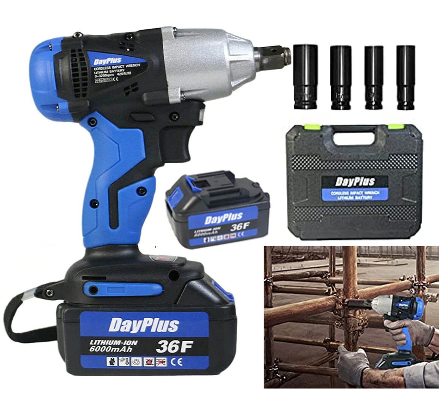 1/2 Inch Square Anvil Cordless Impact Wrench Kit - 420Nm Lithium-Ion Battery Powered with Socket Set (2 Batteries Included) - Perfect for Automotive Repair, Tire Changes & Heavy-Duty Mechanical Work