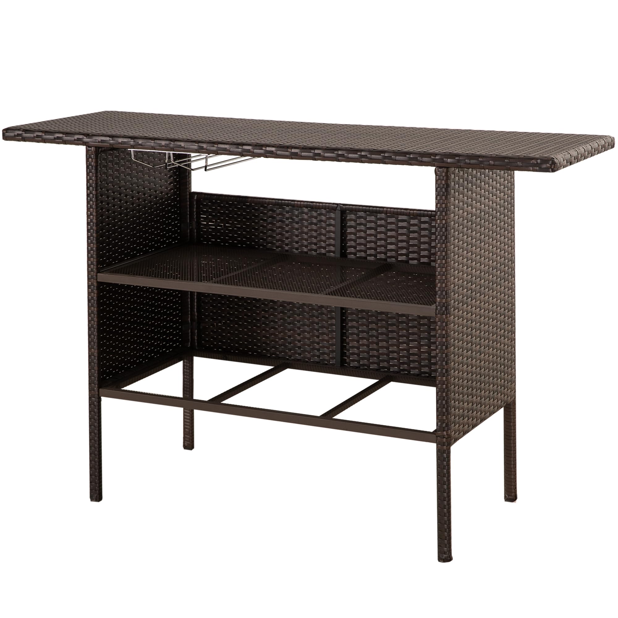 Outdoor Wicker Bar Table with 2 Steel Shelves & Wine Glass Holders - Patio Rattan Counter Table for Backyard, Garden & Poolside - Perfect for Entertaining Guests & Outdoor Dining
