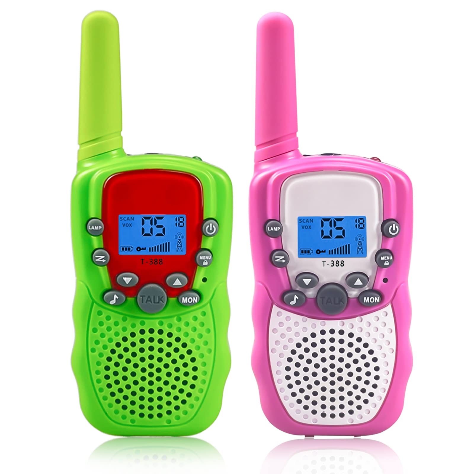 Kids Walkie Talkies 2 Pack - 22 Channel Long Range 2 Way Radios with LCD Backlight & Flashlight, 3KM Range Toy for Boys & Girls Ages 3-12 - Perfect for Outdoor Adventures, Camping, Hiking & Backyard Games (Green+Pink)